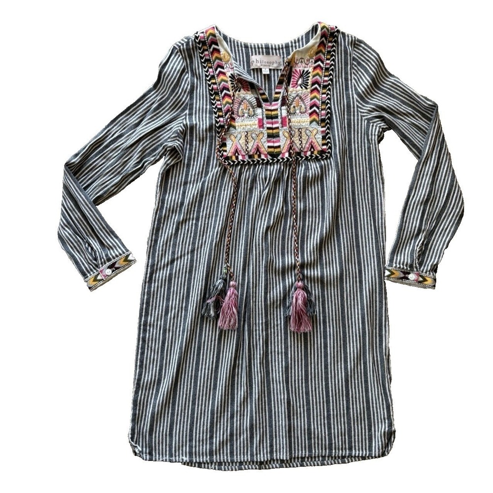 Philosophy Embroidered Striped‎ Tunic Dress With Tassels Size Small